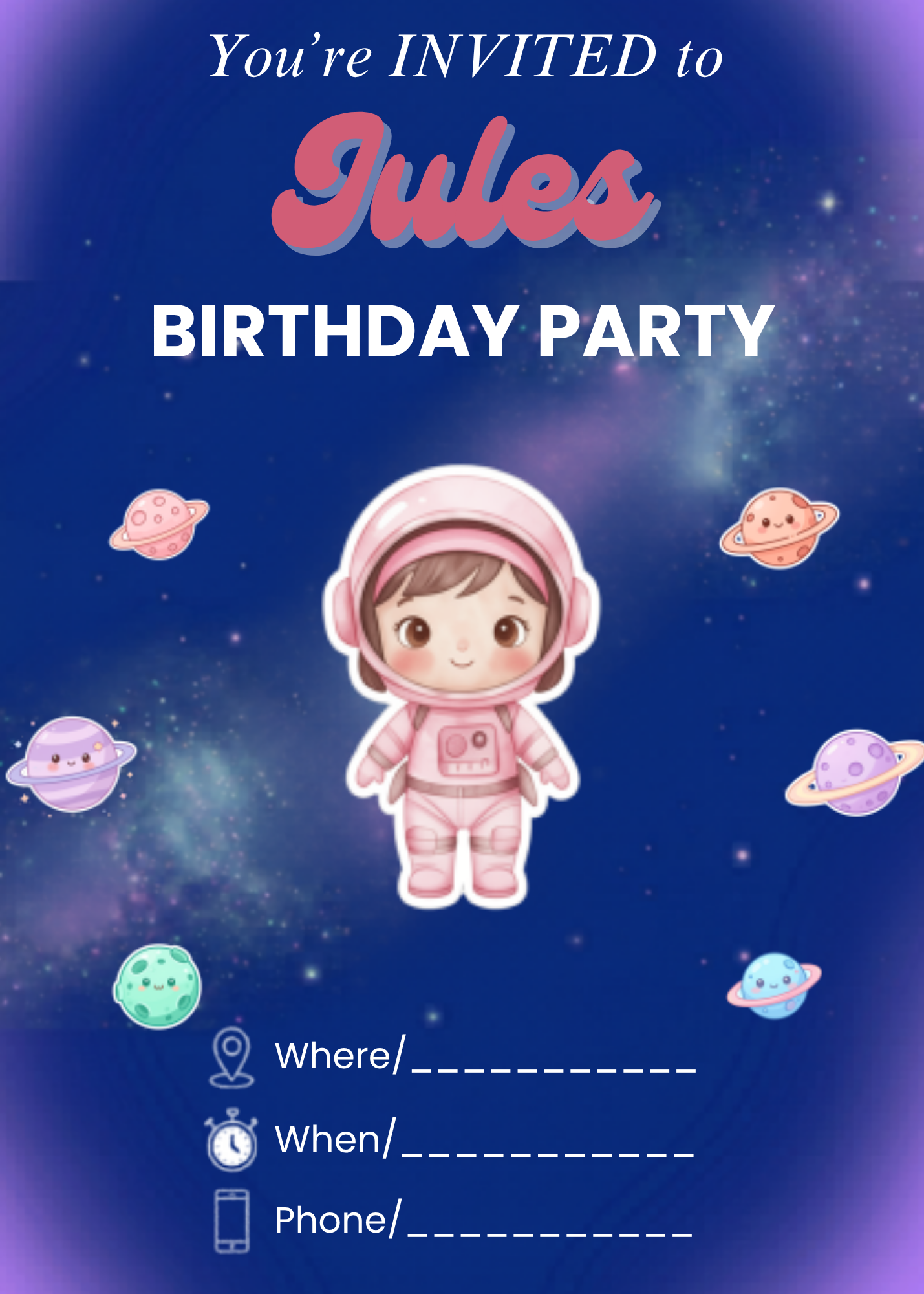 Jules Girl Astronaut Birthday Invitation – Printable Party Invite
