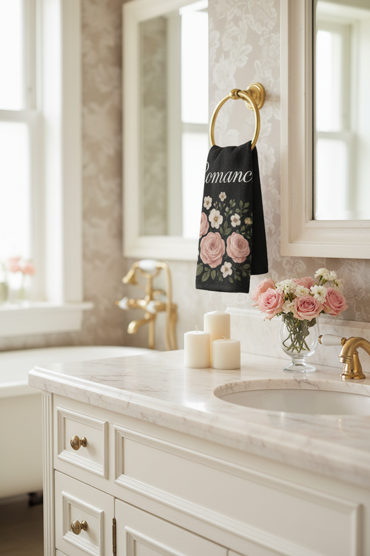 Black Romance Hand Towel in Luxury Bathroom
