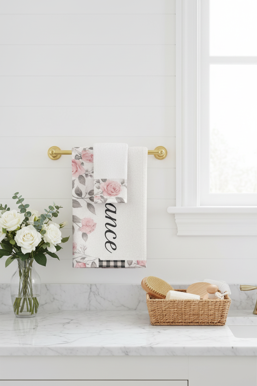 White Romance Hand Towel on Gold Towel Bar