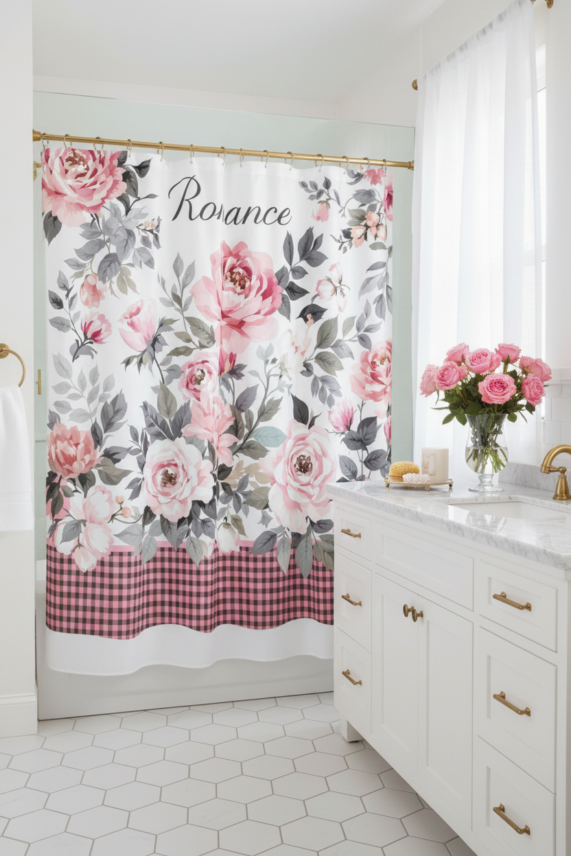 White Romance Shower Curtain with Gold Fixtures