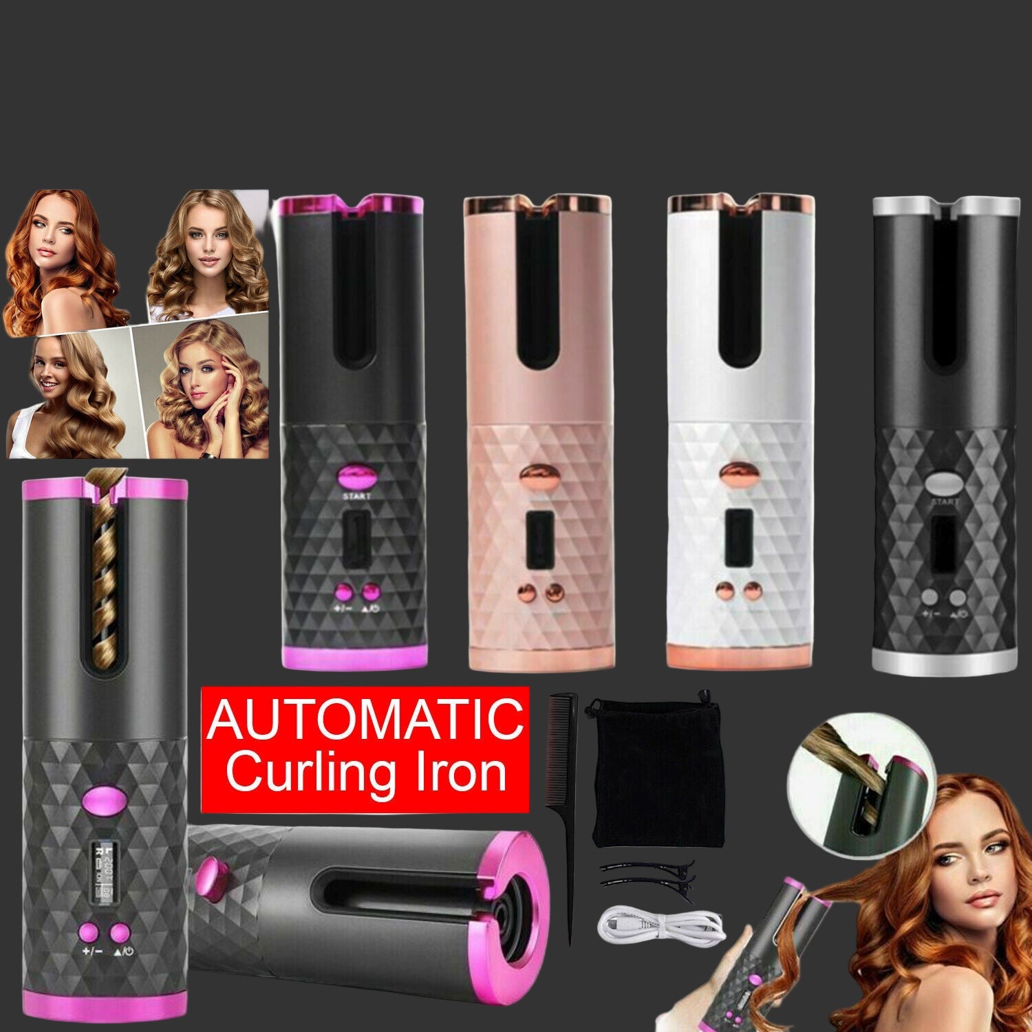 Hair Curler LCD Cordless Auto Rotating Waver Curling Iron Ceramic Wireless USA