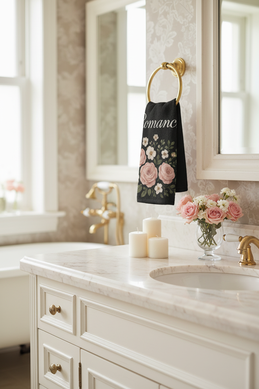 Black Romance Hand Towel in Luxury Bathroom