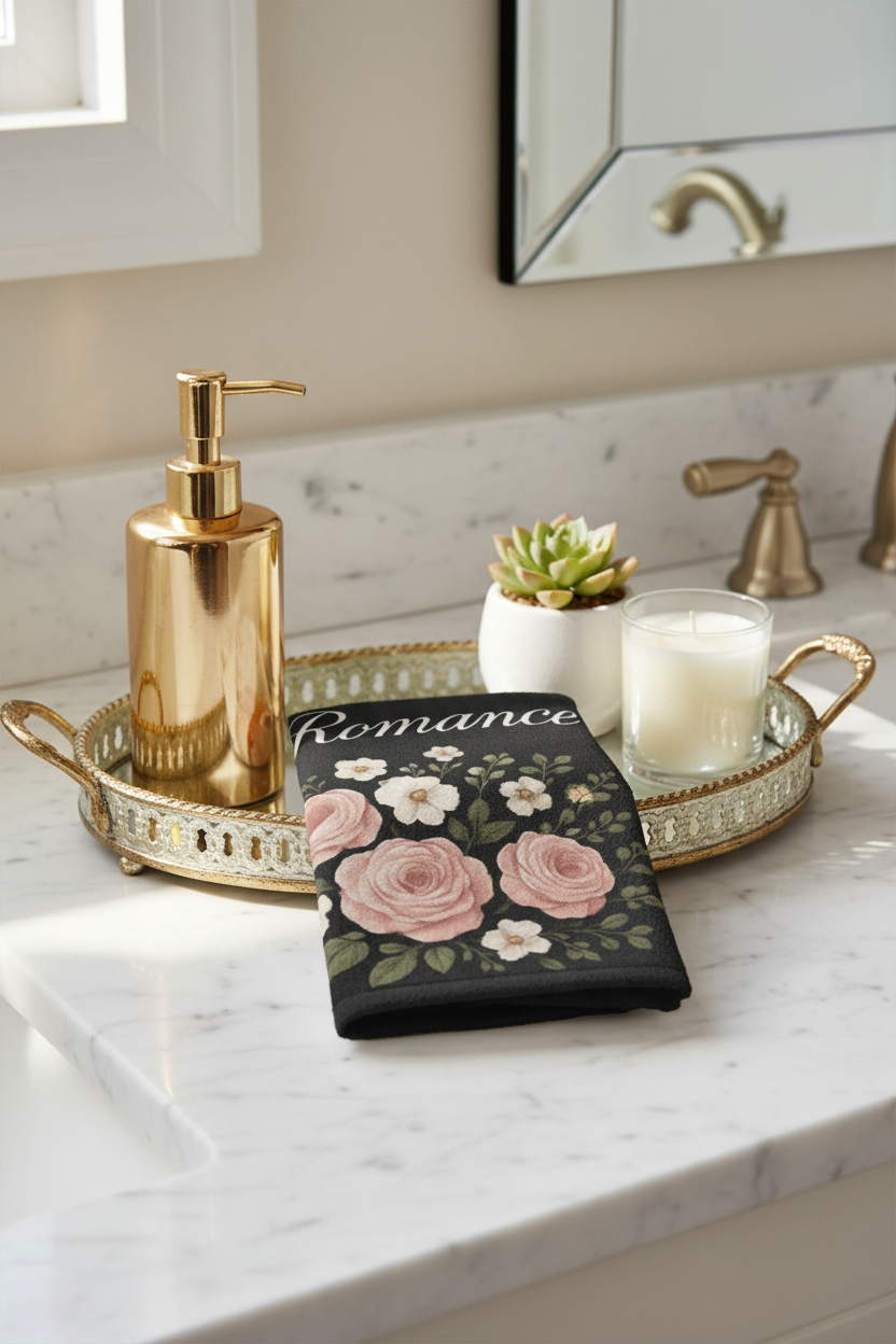 Black Romance Hand Towel on Marble Vanity