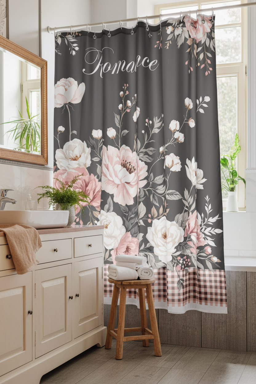 Black Romance Shower Curtain in French Country Bathroom
