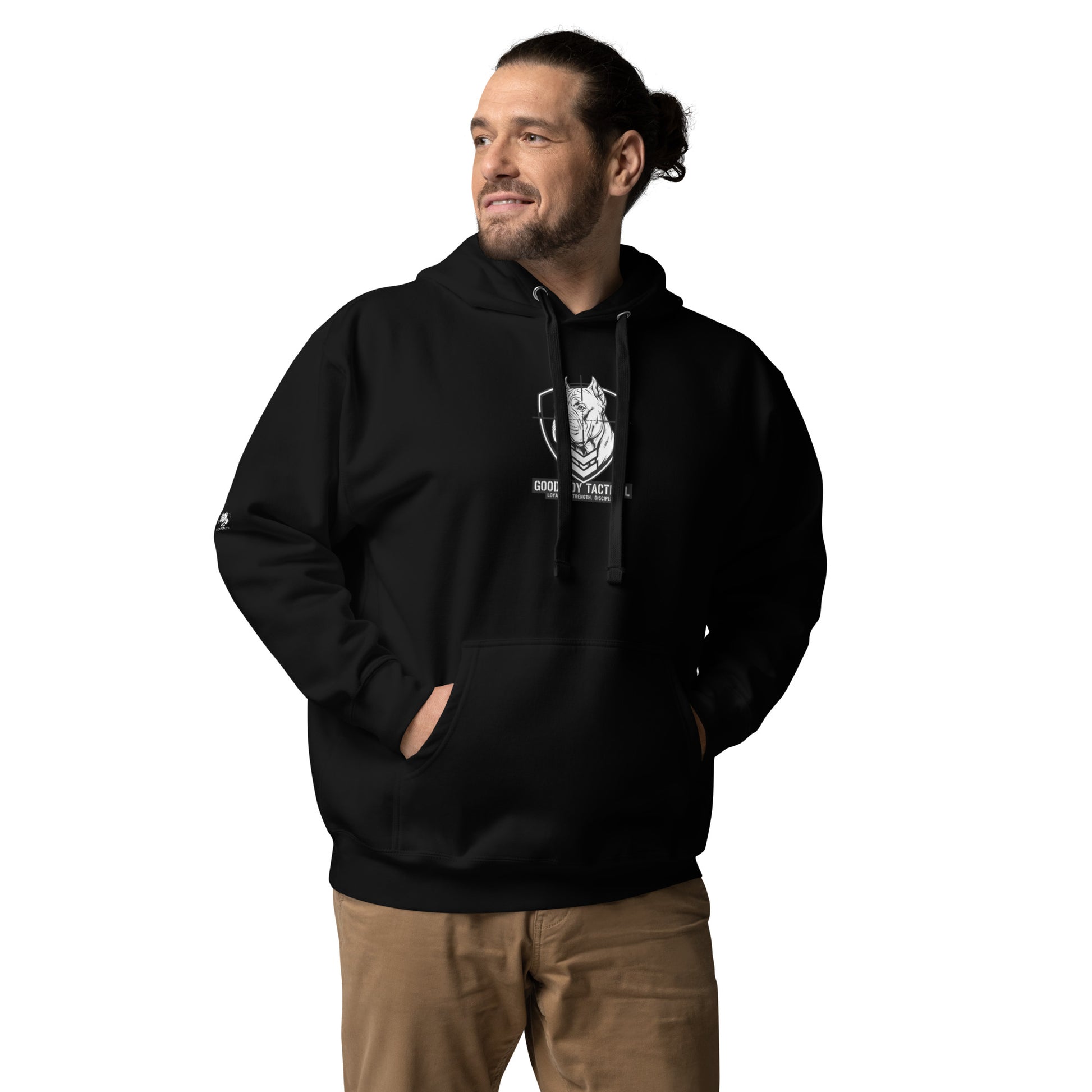Rugged Athletic Model wearing the Good Boy Hoodie with the Cane Corso Logo on the front.