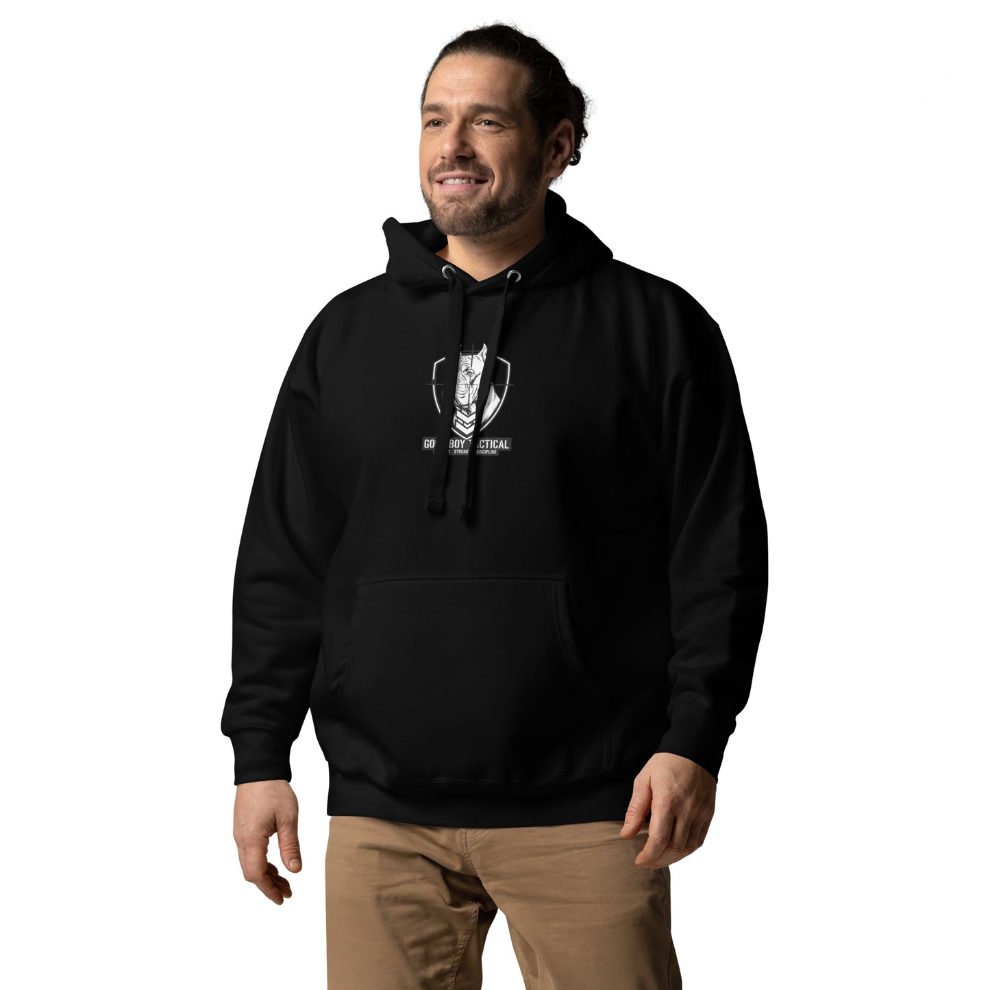 Rugged Athletic Model wearing the Good Boy Hoodie with the Cane Corso Logo on the front.