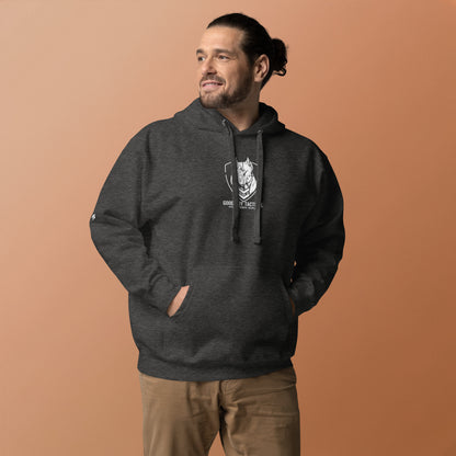 Rugged Athletic Model wearing the Good Boy Hoodie with the Can Corso Logo on the front.