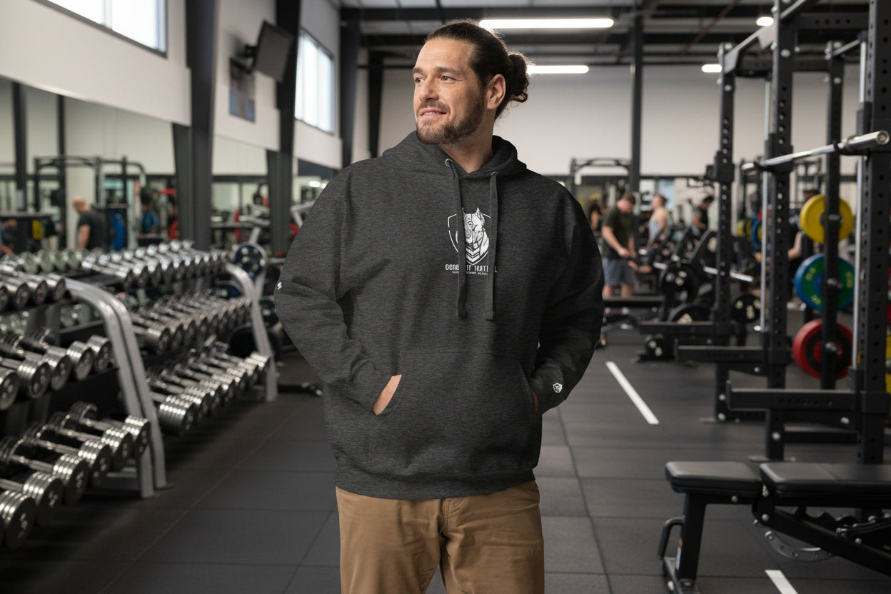 Model wearing the Good Boy black Hoodie while shopping