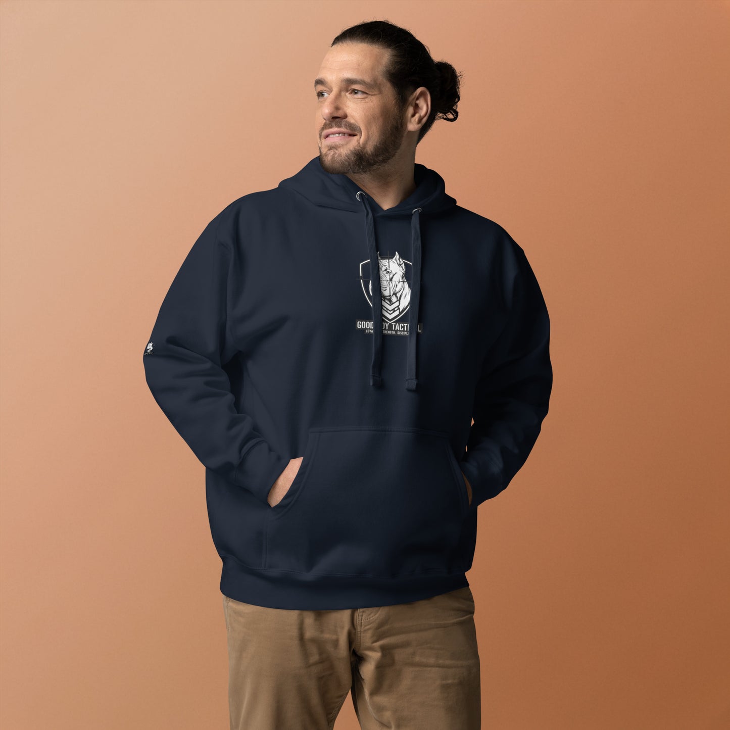 Rugged Athletic Model wearing the Good Boy Hoodie with the Can Corso Logo on the front.