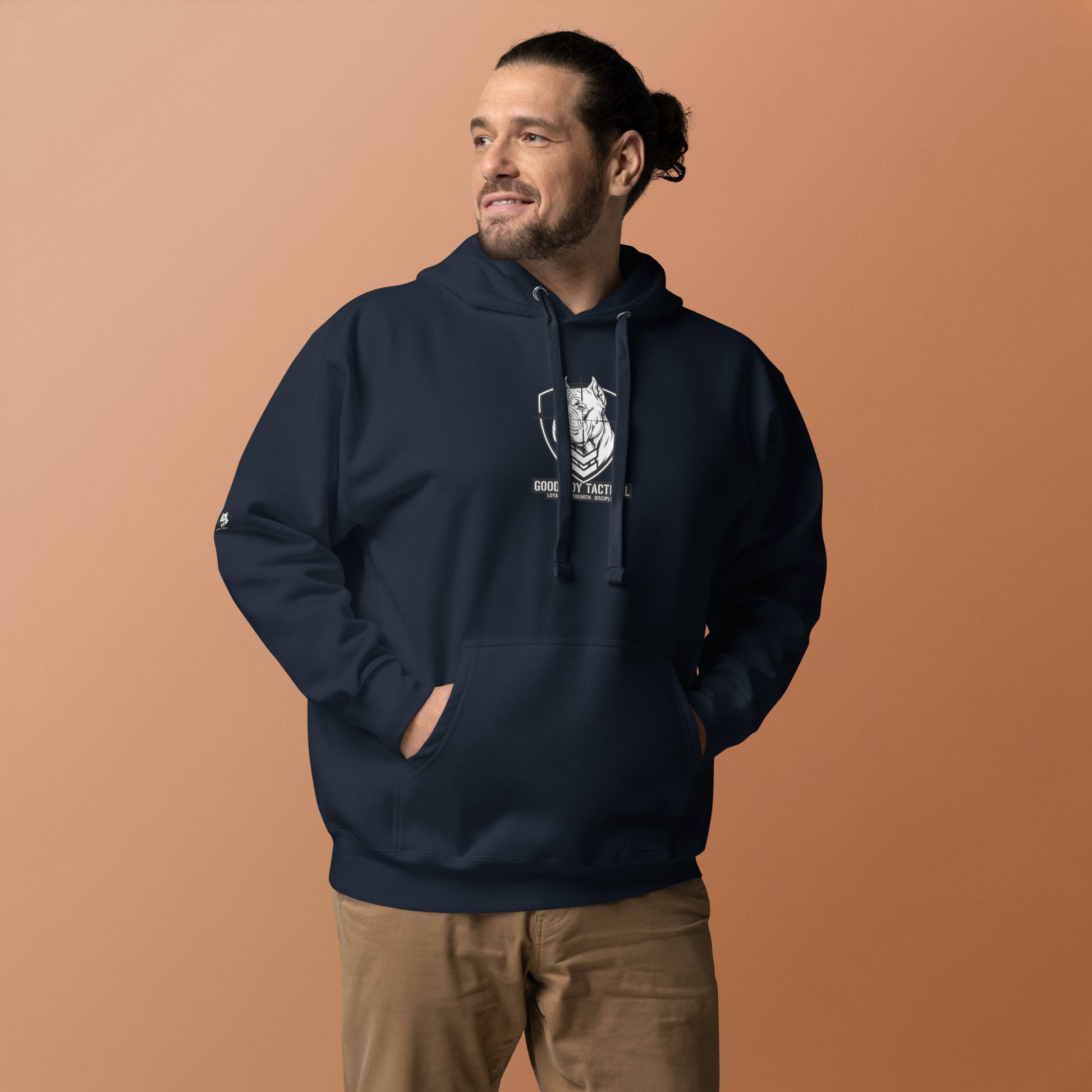 Rugged Athletic Model wearing the Good Boy Hoodie with the Can Corso Logo on the front.