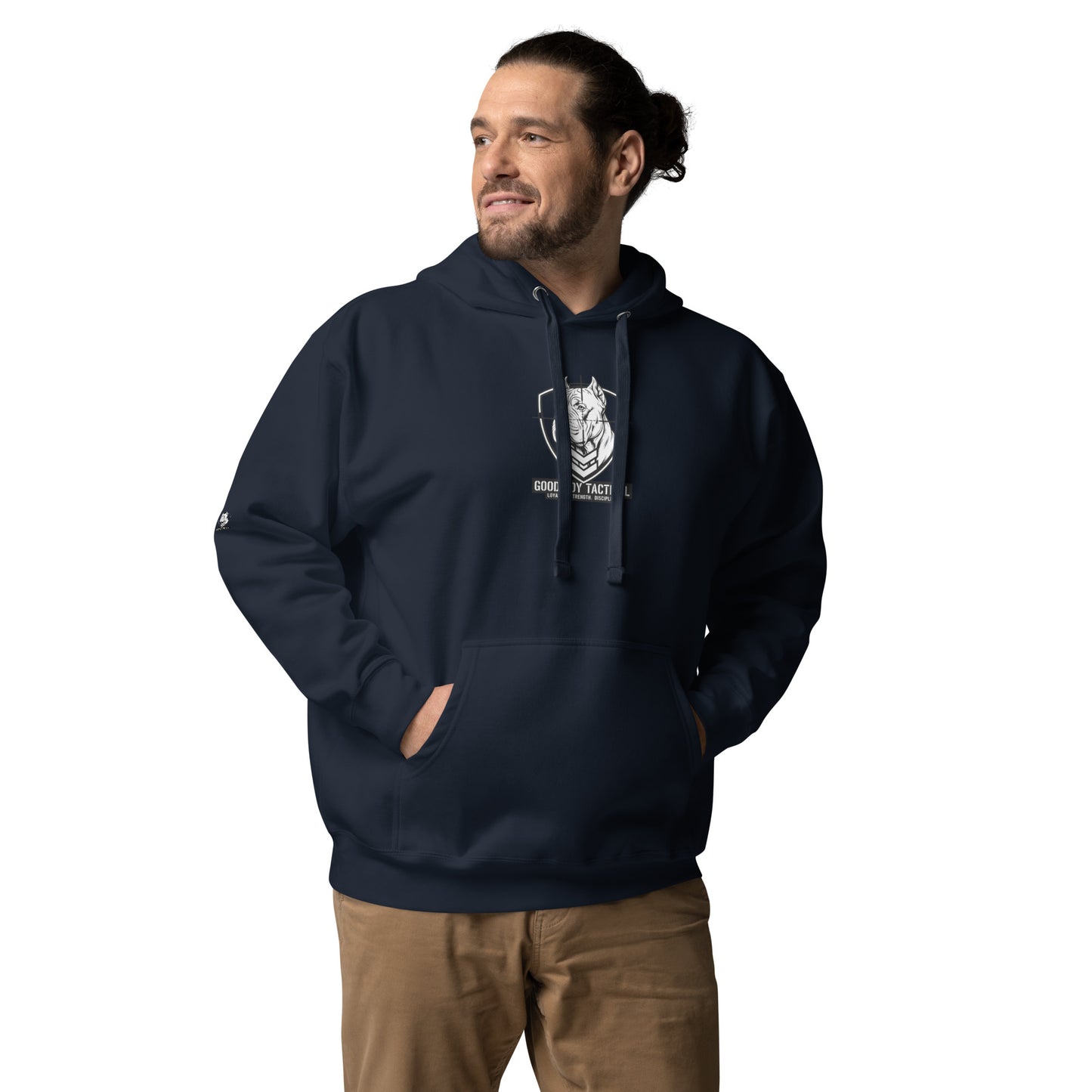 Rugged Athletic Model wearing the Good Boy Hoodie with the Cane Corso Logo on the front.
