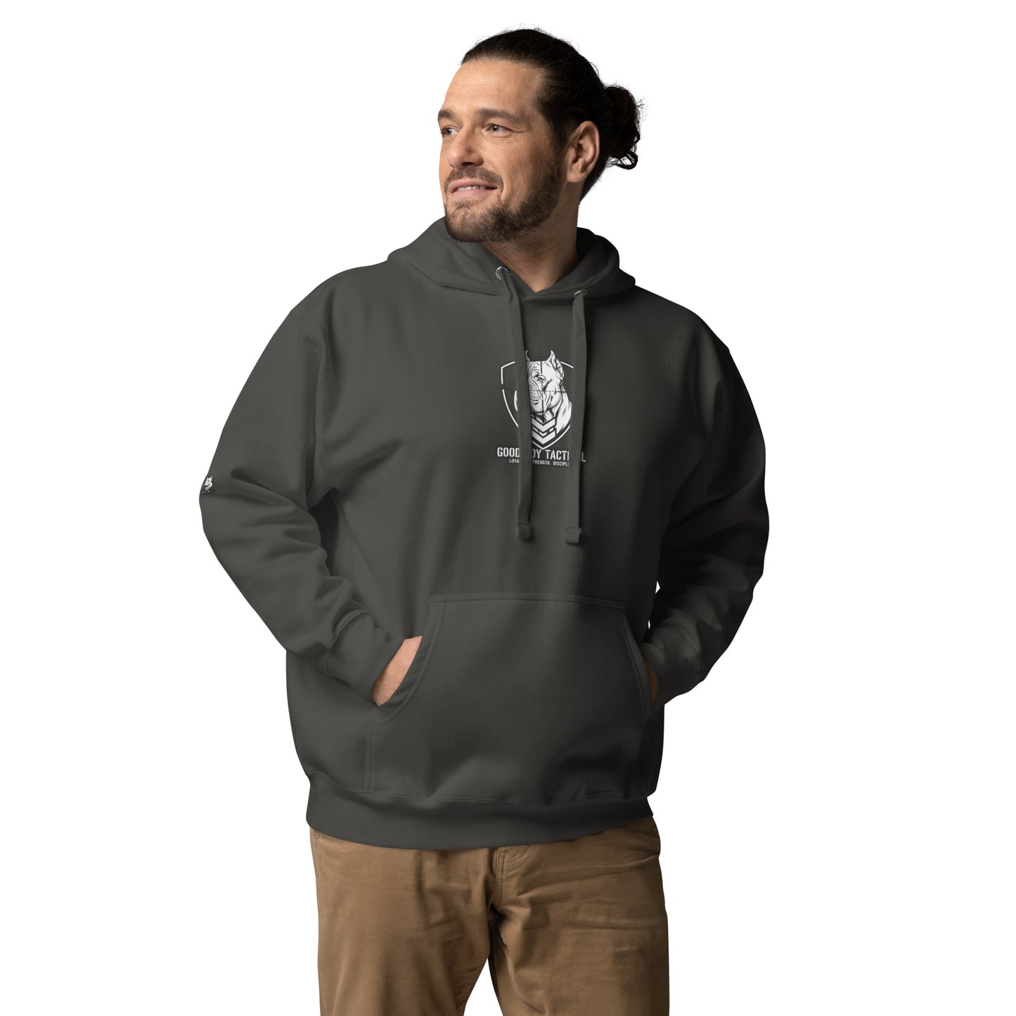 Rugged Athletic Model wearing the Good Boy Hoodie with the Can Corso Logo on the front.