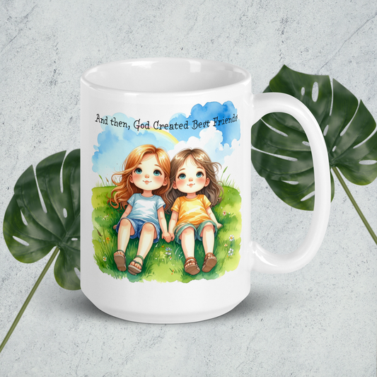 "White ceramic coffee mug with 'And then God Created Best Friends' text design, displayed with matching weekend tote bag"