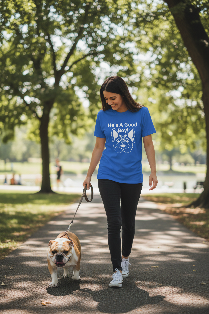 He's A Good Boy - Walking English Bulldog (Blue)