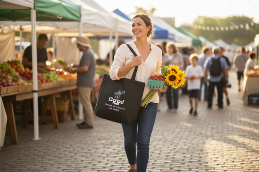 Eternal Faith Eco Tote Bag - lifestyle at farmers market