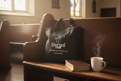 Eternal Faith Eco Tote Bag - church pew with Bible