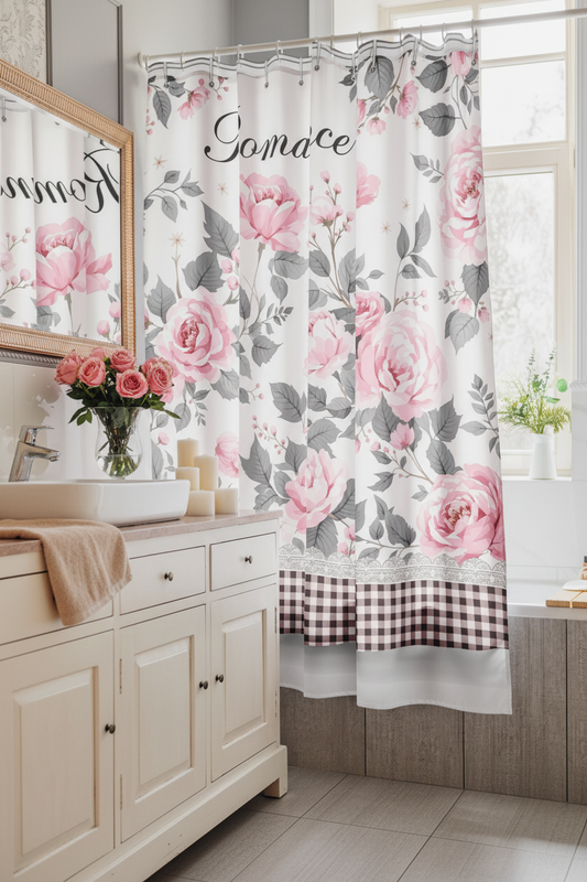Romance in Pink Shower Curtain with Gold Fixtures
