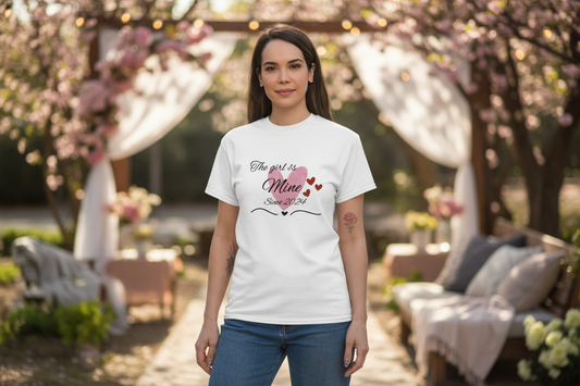 The Girl Is Mine - White A woman outside walking down the street in the The girl is mine tee
