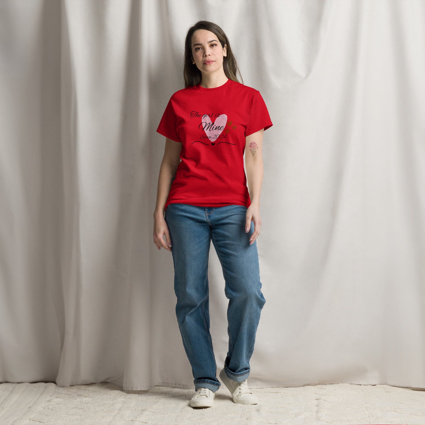 Model Wearing the red The Girl is Mine Tee