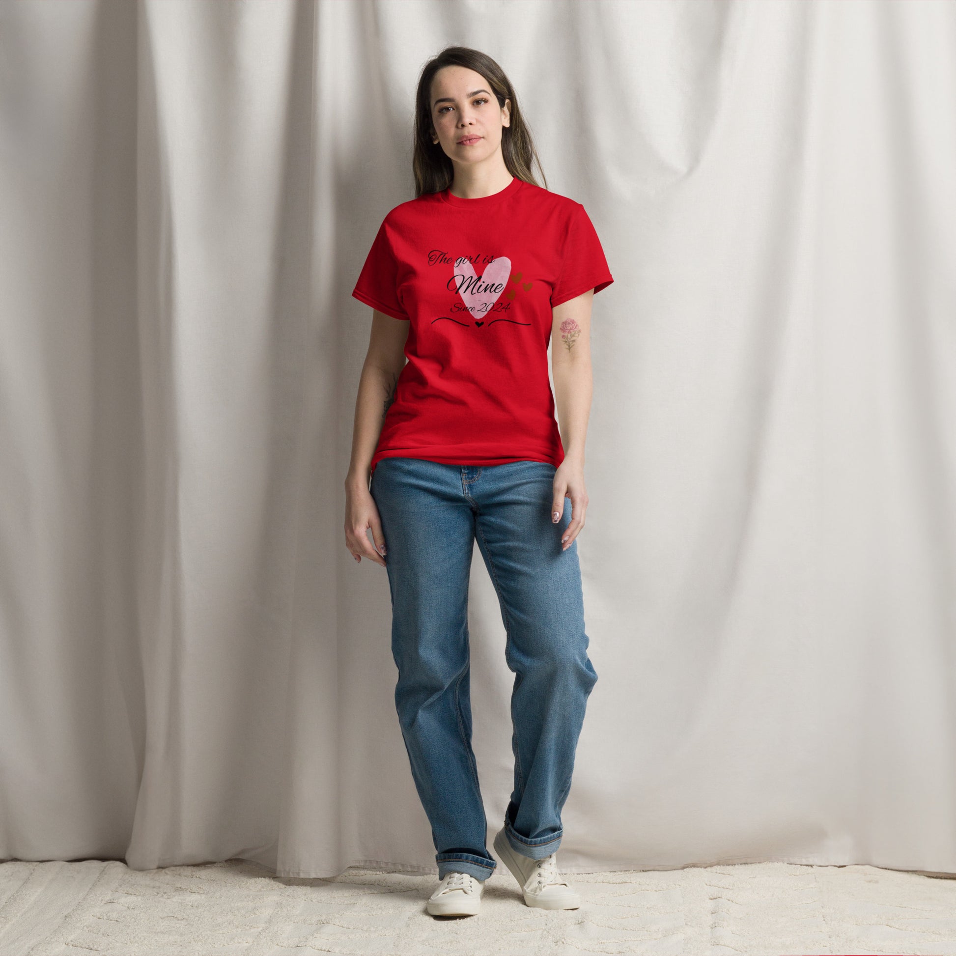 Model Wearing the red The Girl is Mine Tee