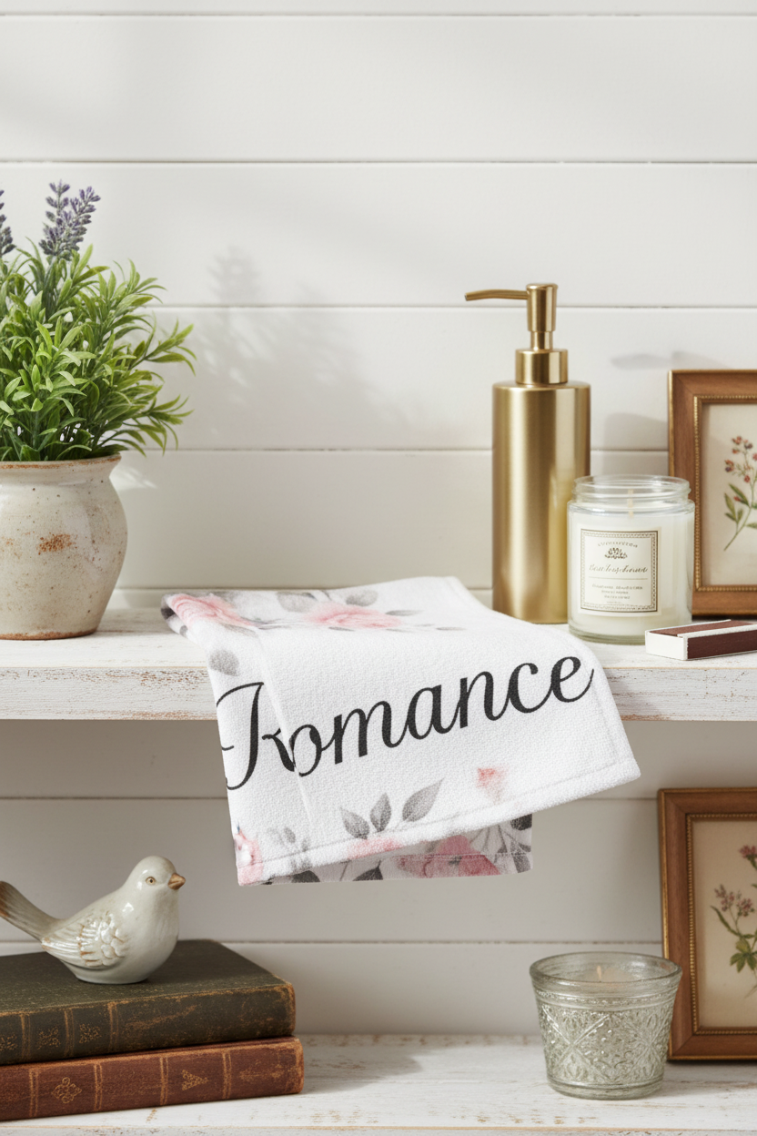 White Romance Hand Towel Folded on Shelf
