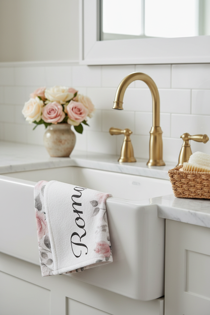 White Romance Hand Towel on Farmhouse Sink