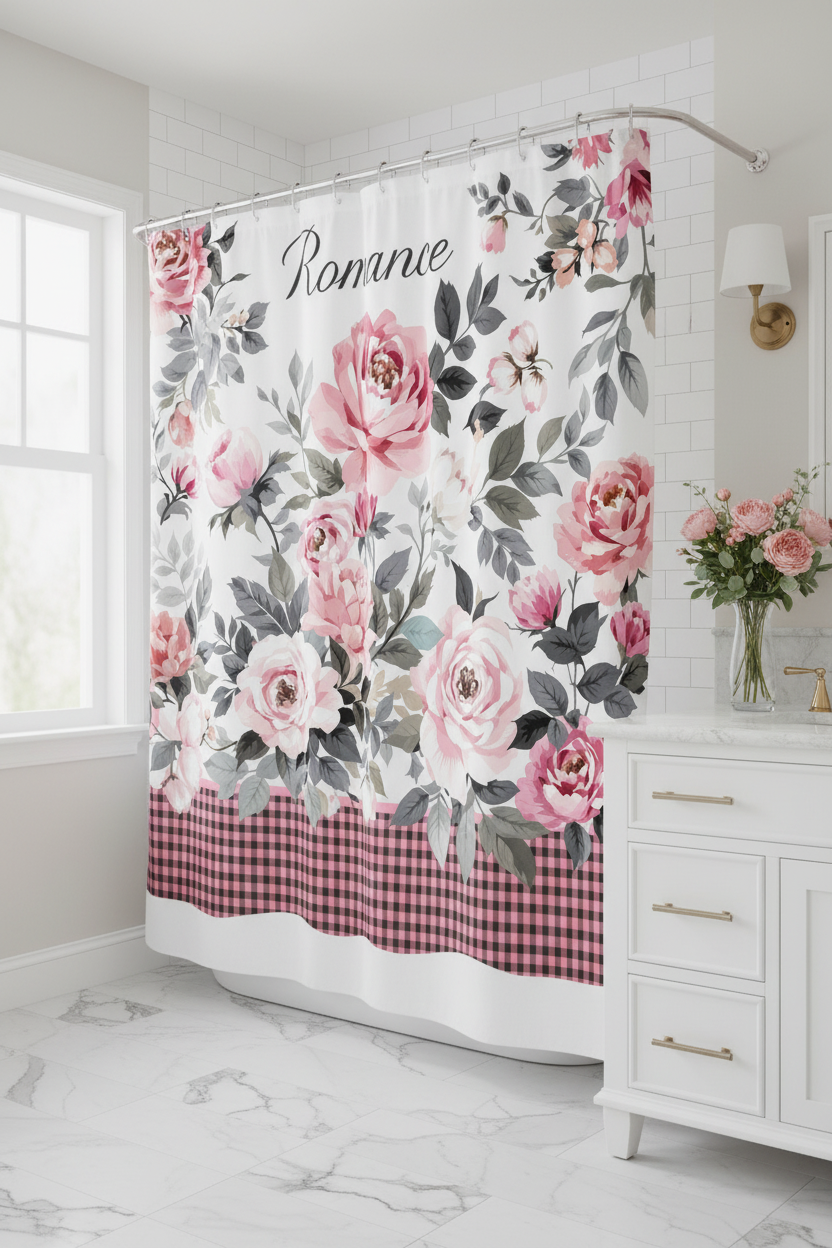 White Romance Shower Curtain in Bright Bathroom
