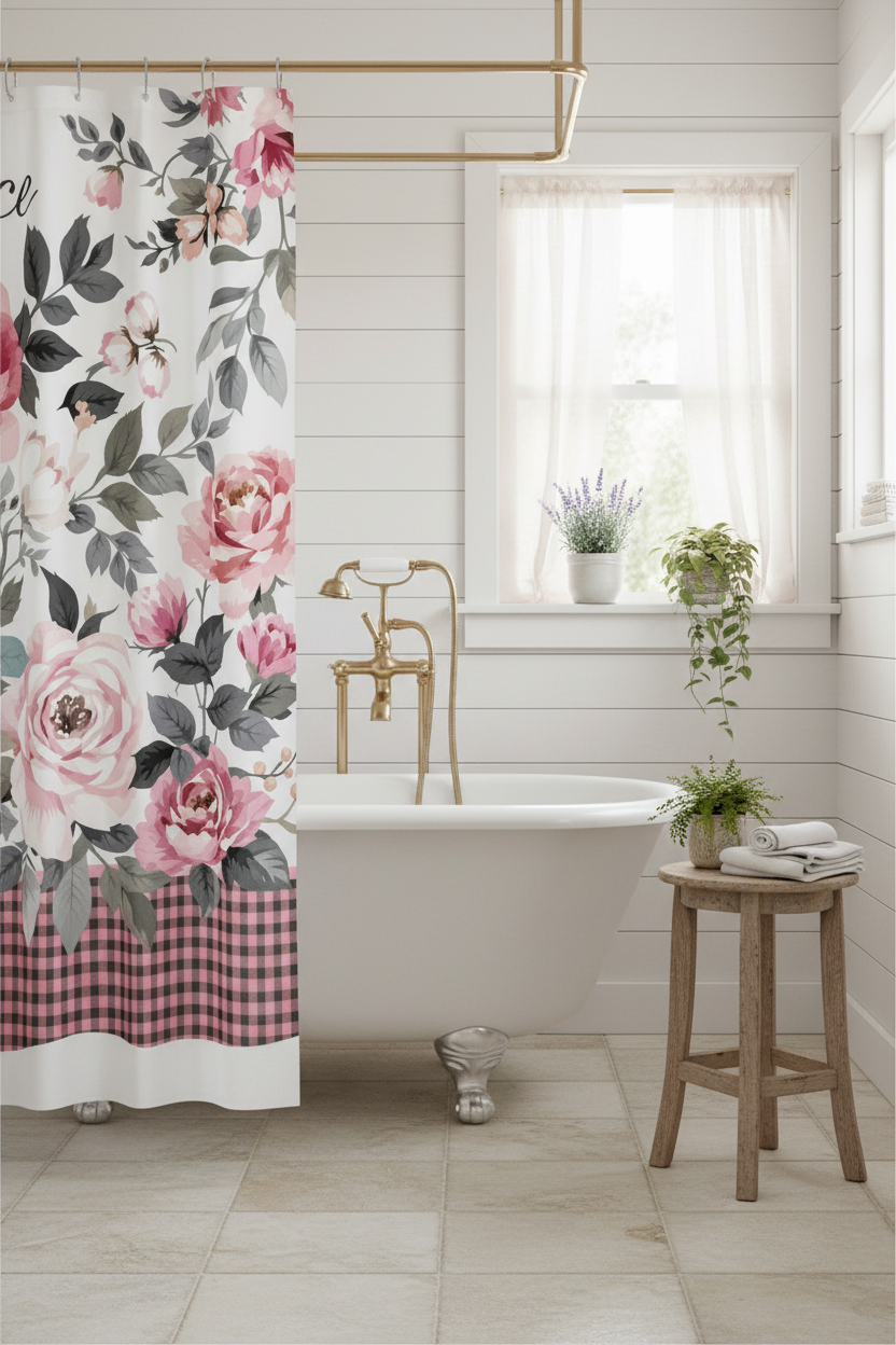 White Romance Shower Curtain in French Country Bathroom